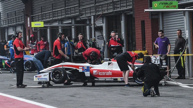 Perth’s Calan Williams and his pit crew as he prepares to take on the Spa-Francorchamps circuit in Belgium, the third round of the 2018 Euroformula Open Championship.Picture: Greg Williams
